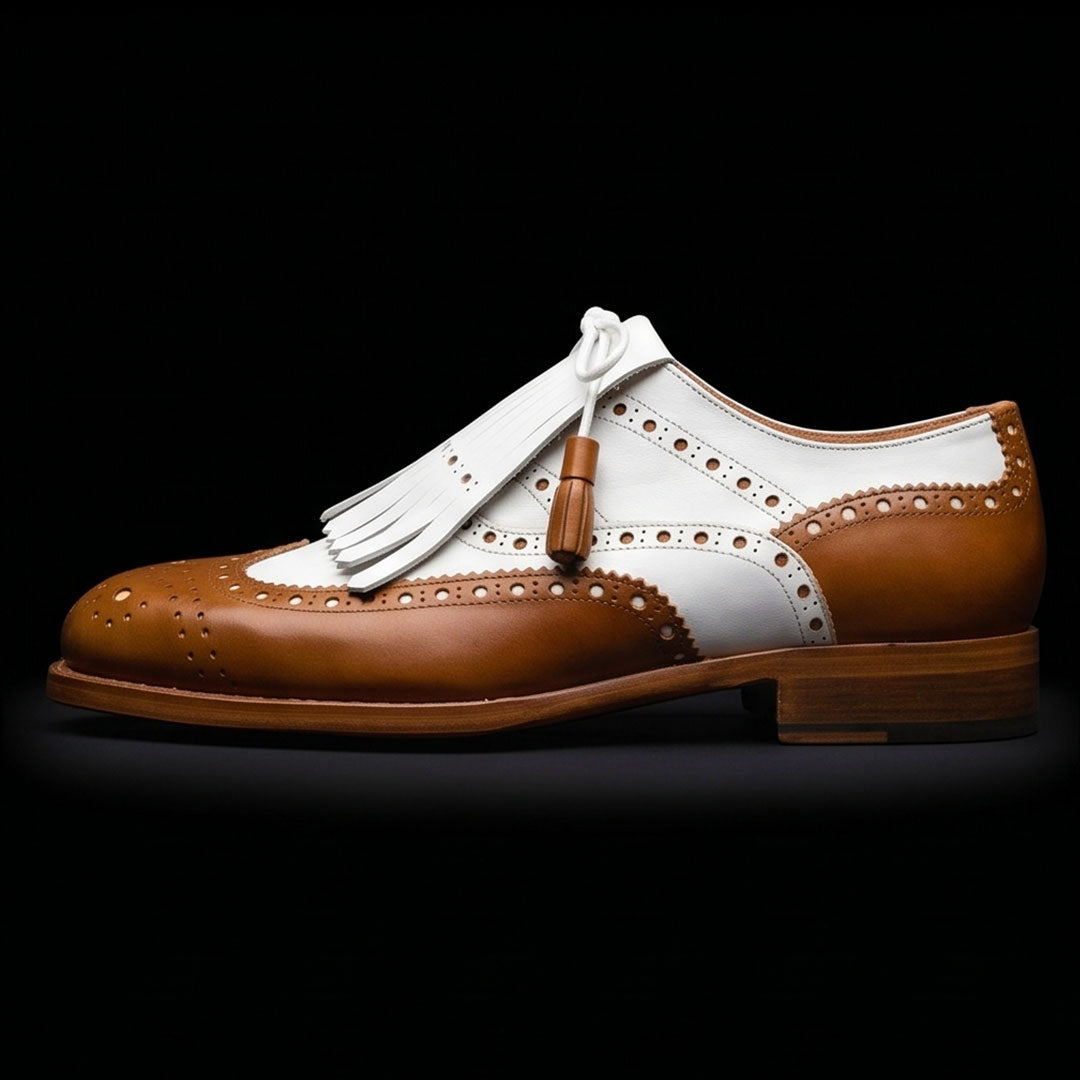 brown and white dress shoes for men The Compass – Tan & Fringed Wingtip Dusty Blue Dress For RD-07.30.25 Core Colors:Emerald Green white spectator brogue Oxford