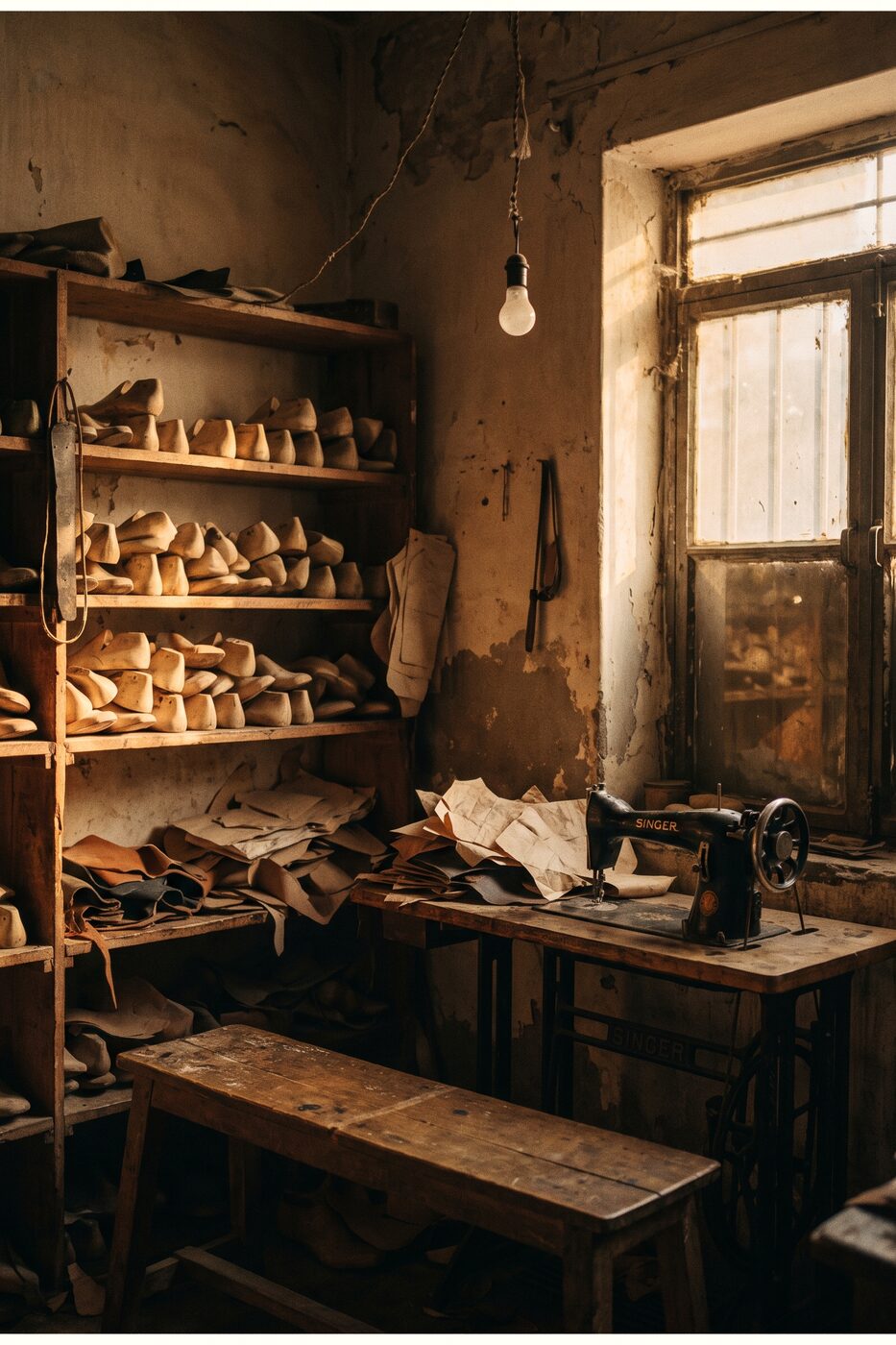Inside the workshop: wooden lasts on shelves and a vintage sewing machine in window light