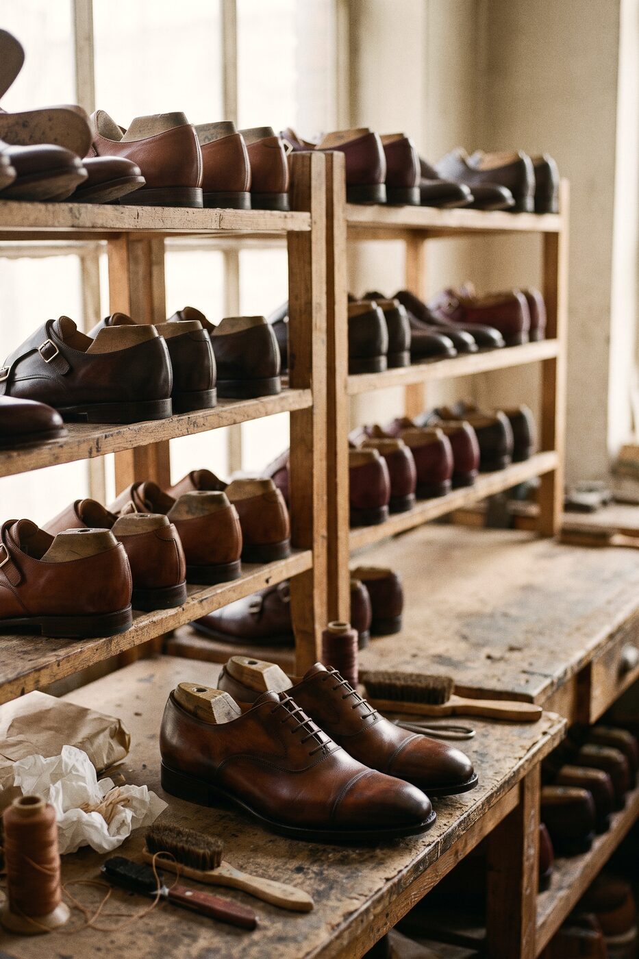Rows of finished patina shoes on lasts drying on a wooden rack