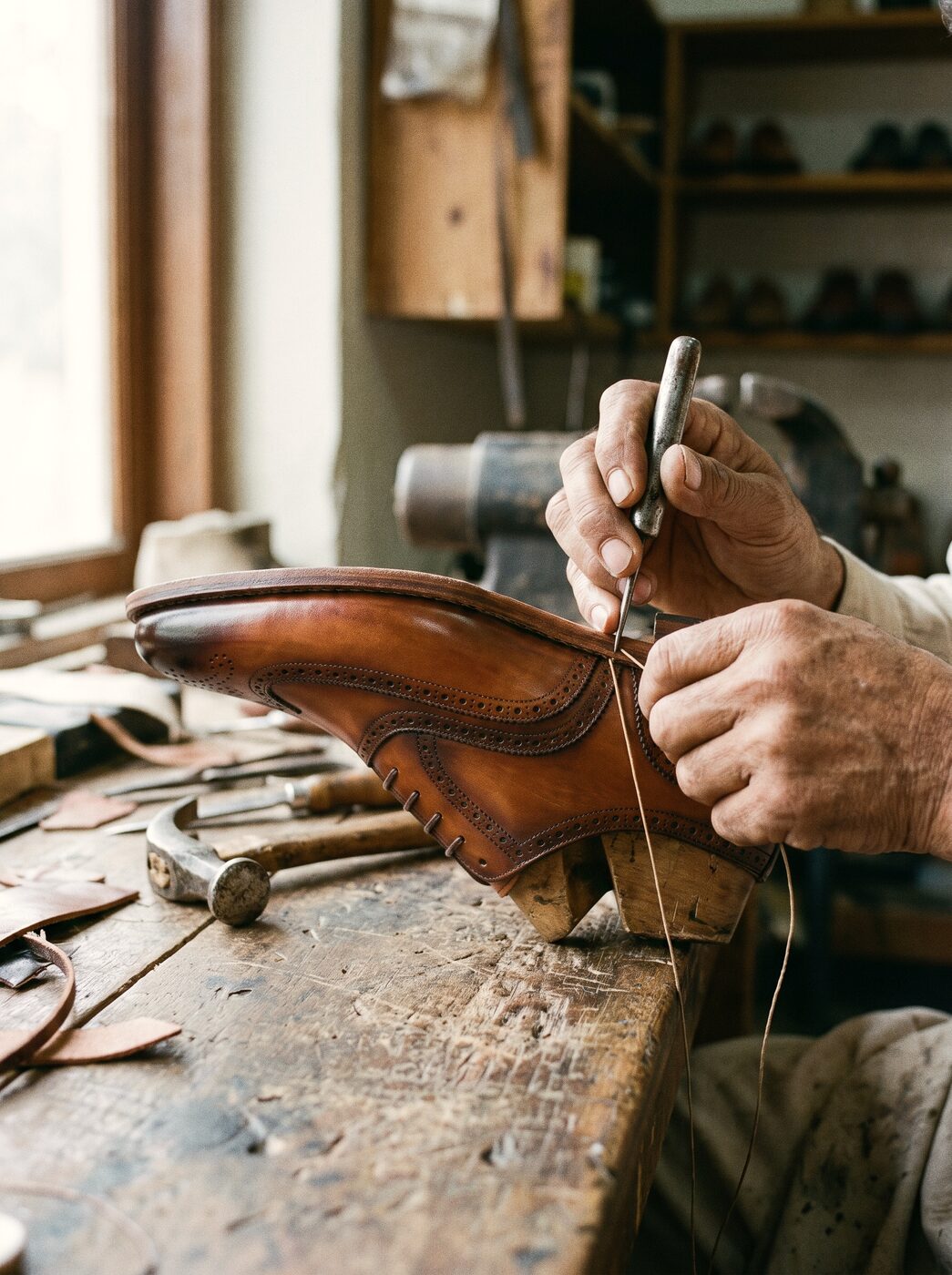 A craftsman's hands stitching the welt of a brown patina oxford with waxed thread and an awl