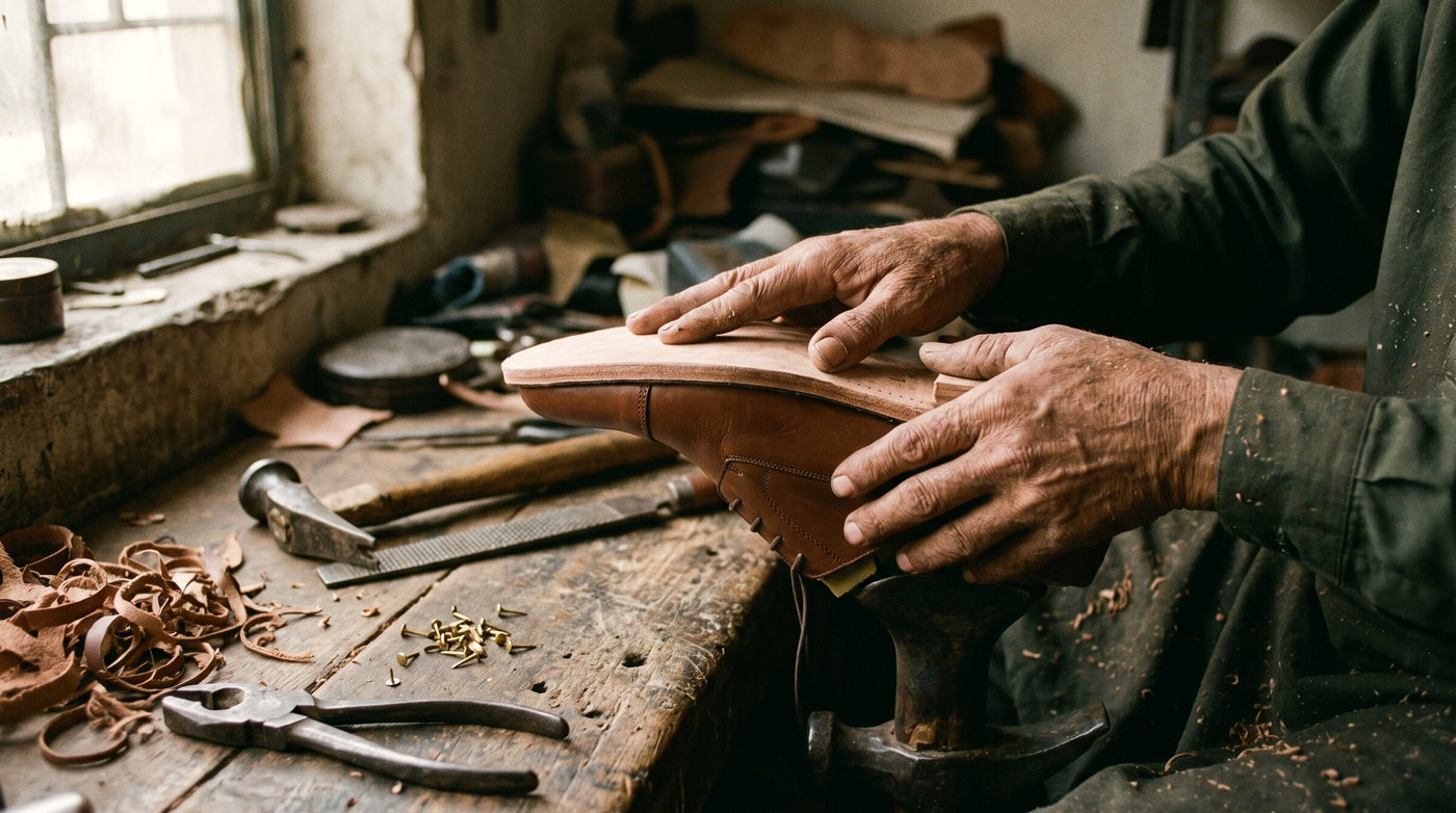 A cobbler fitting a new leather sole on a shoe at the bench