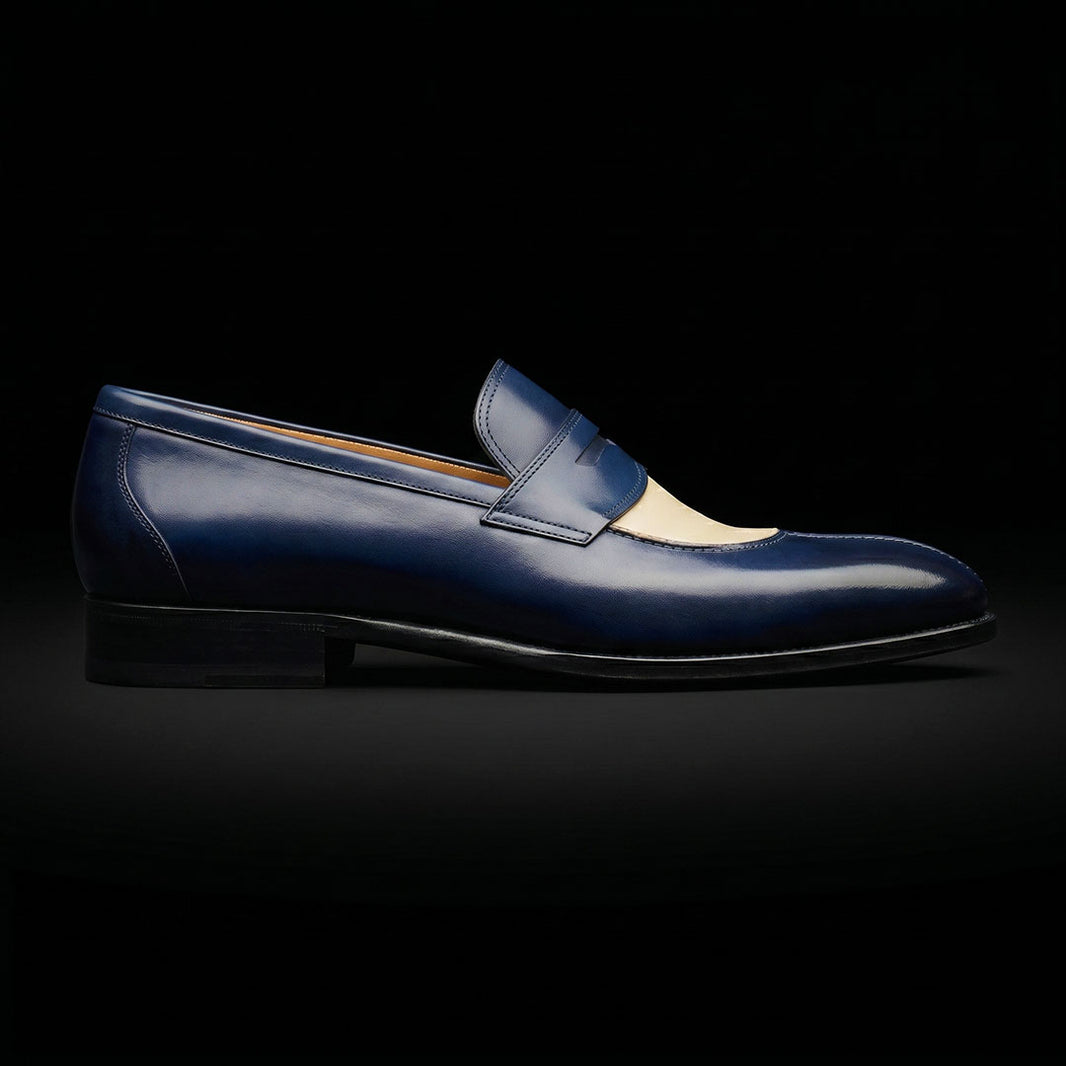 Men's Blue & Beige Patina Leather Moccasin Loafers