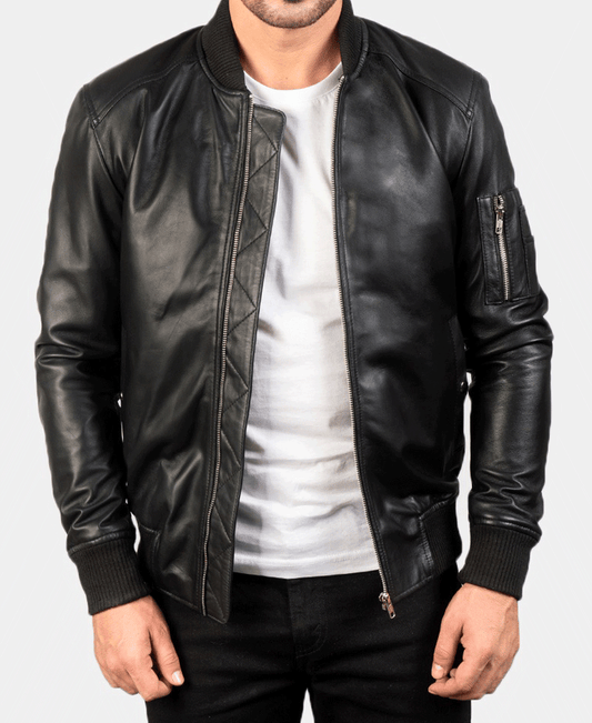 Bomia Ma-1 Black Leather Bomber Jacket