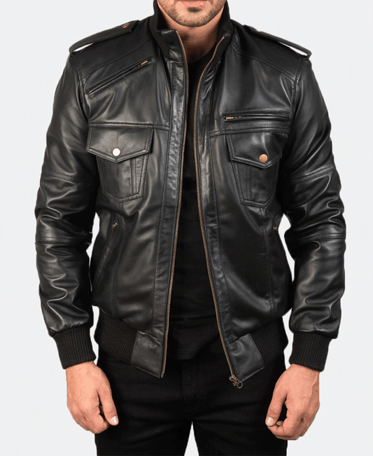 Agent Shadow Black Leather Bomber Jacket