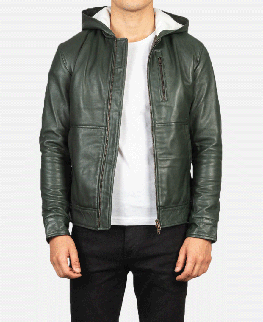 Baston Green Hooded Leather Bomber Jacket