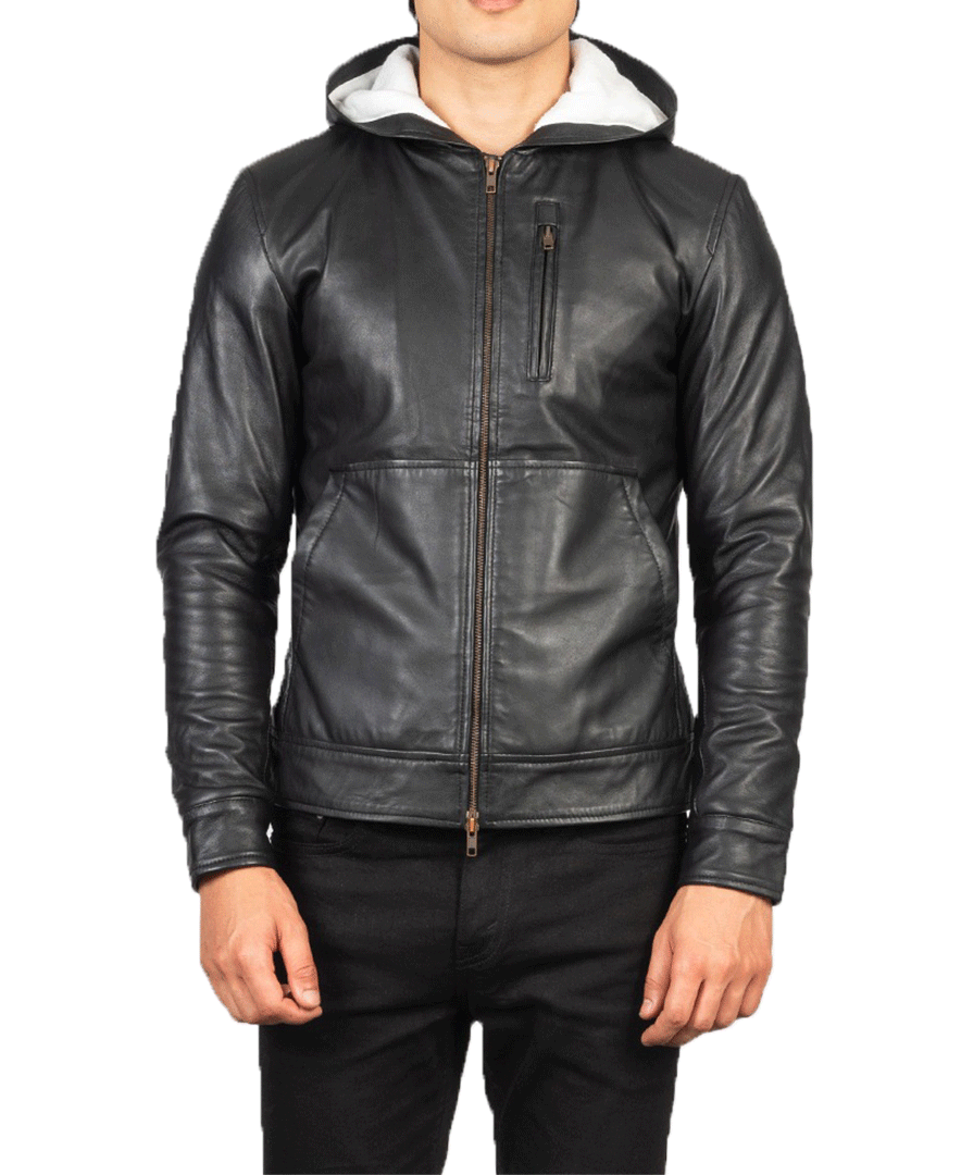 Baston Black Hooded Leather Bomber Jacket