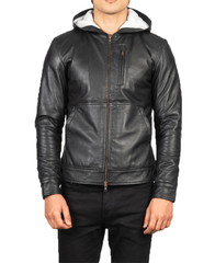 Baston Black Hooded Leather Bomber Jacket