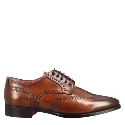 Men's derby in light brown leather with swallow tail and square toe