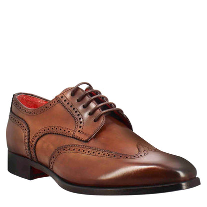 Men's derby in light brown leather with swallow tail and square toe
