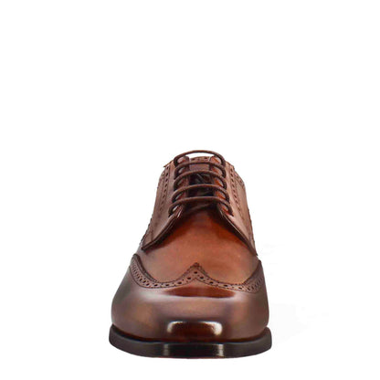 Men's derby in light brown leather with swallow tail and square toe