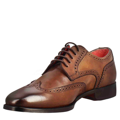 Men's derby in light brown leather with swallow tail and square toe