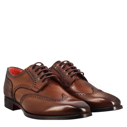 Men's derby in light brown leather with swallow tail and square toe