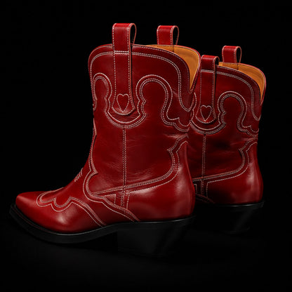 Genuine Red Leather Cowboy Horse Riding Boots