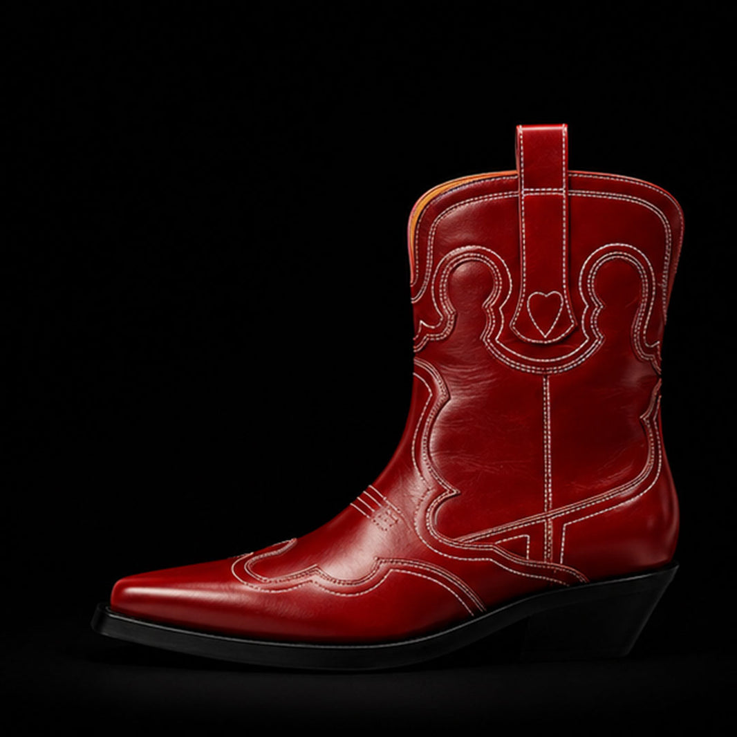 Genuine Red Leather Cowboy Horse Riding Boots