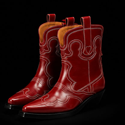 Genuine Red Leather Cowboy Horse Riding Boots