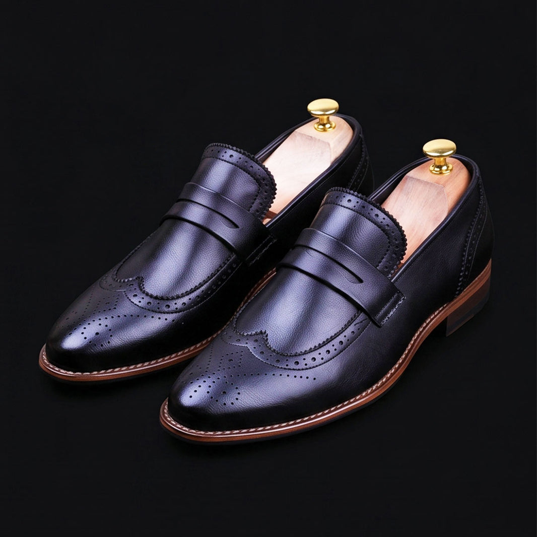 Handmade Men's Black Leather Penny Loafers