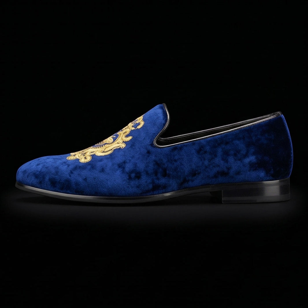 Handmade Men's Blue Embroidered Velvet Luxury Loafers