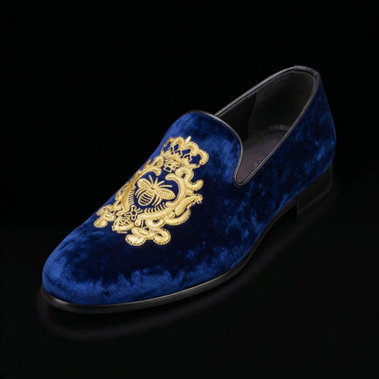 Handmade Men's Blue Embroidered Velvet Luxury Loafers