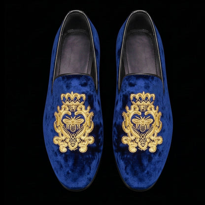 Handmade Men's Blue Embroidered Velvet Luxury Loafers