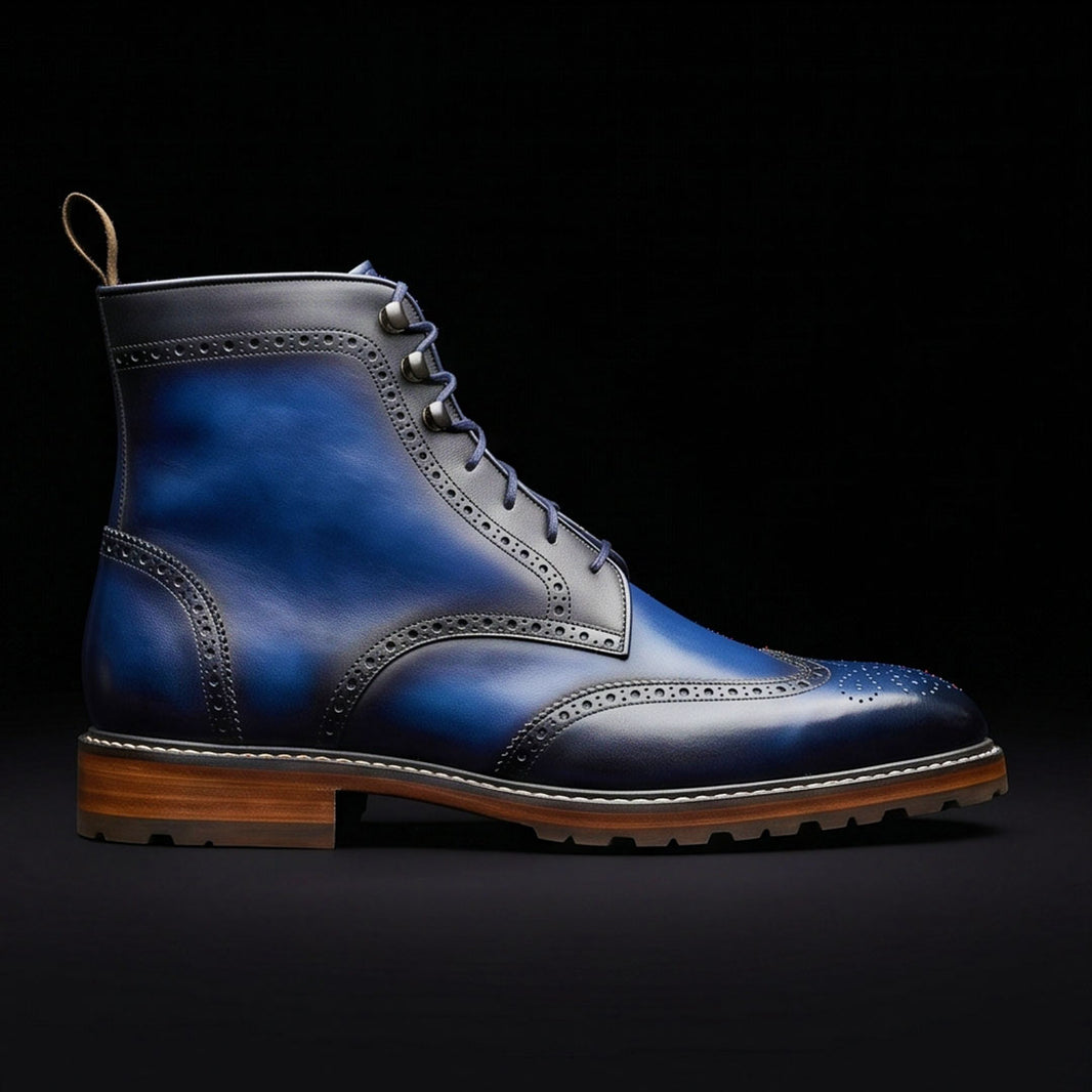 Handmade Men's Blue Patina Leather Wingtip Boots