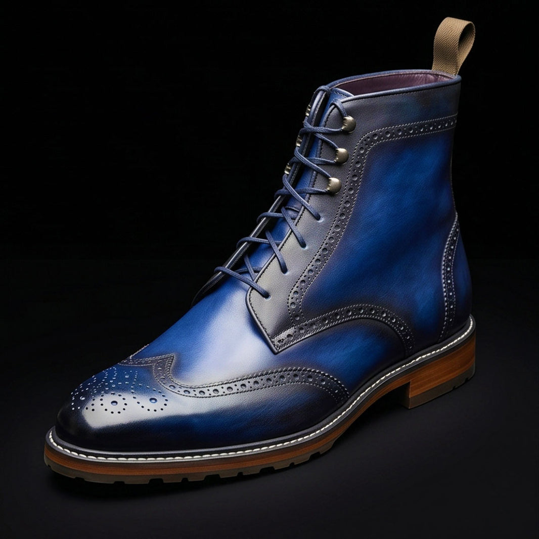Handmade Men's Blue Patina Leather Wingtip Boots
