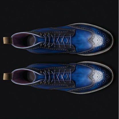 Handmade Men's Blue Patina Leather Wingtip Boots