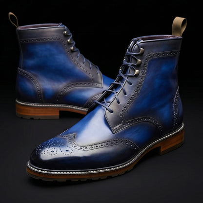 Handmade Men's Blue Patina Leather Wingtip Boots