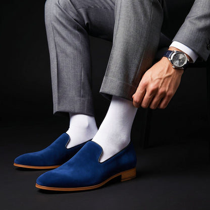 Handmade Men's Blue Suede Leather Moccasin Loafers