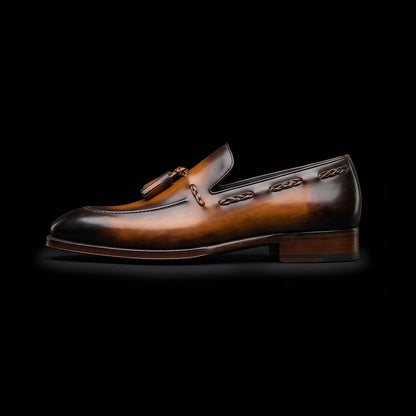 Handmade Men's Brown Patina Leather Tassel Loafers