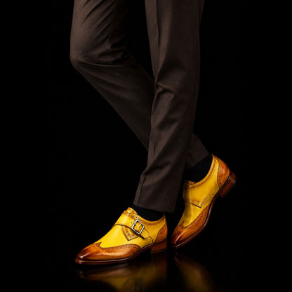 Handmade Men's Brown & Yellow Leather Monk Buckle Shoes