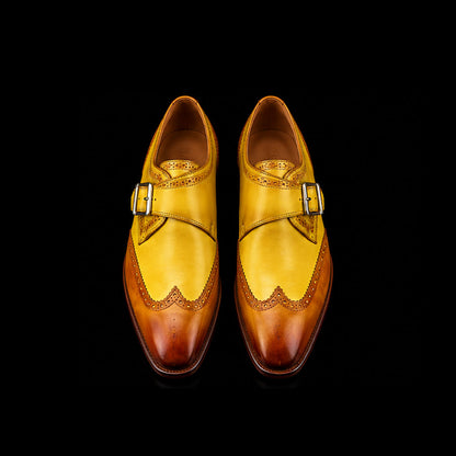 Handmade Men's Brown & Yellow Leather Monk Buckle Shoes