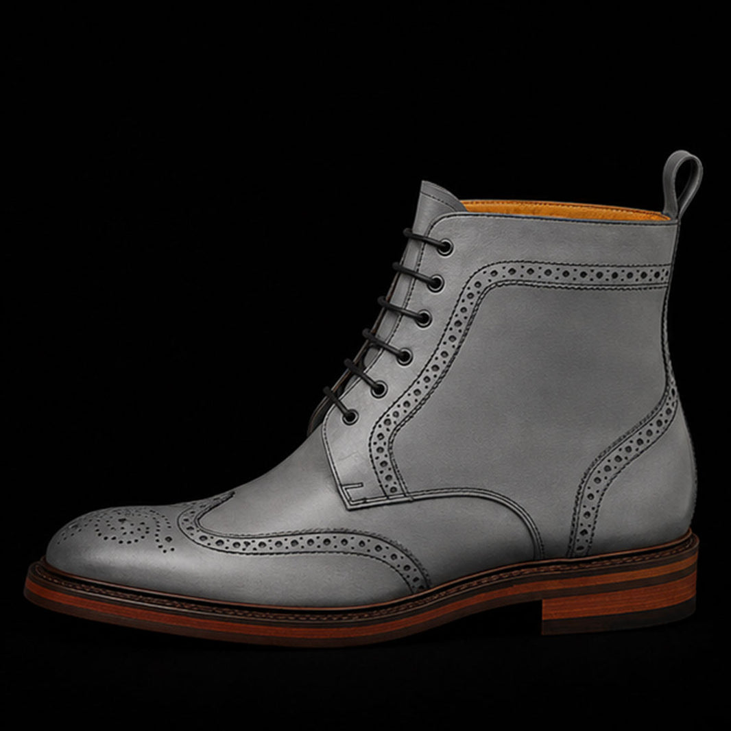 Handmade Men's Grey Wingtip Leather Boots
