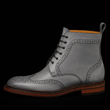 Handmade Men's Grey Wingtip Leather Boots