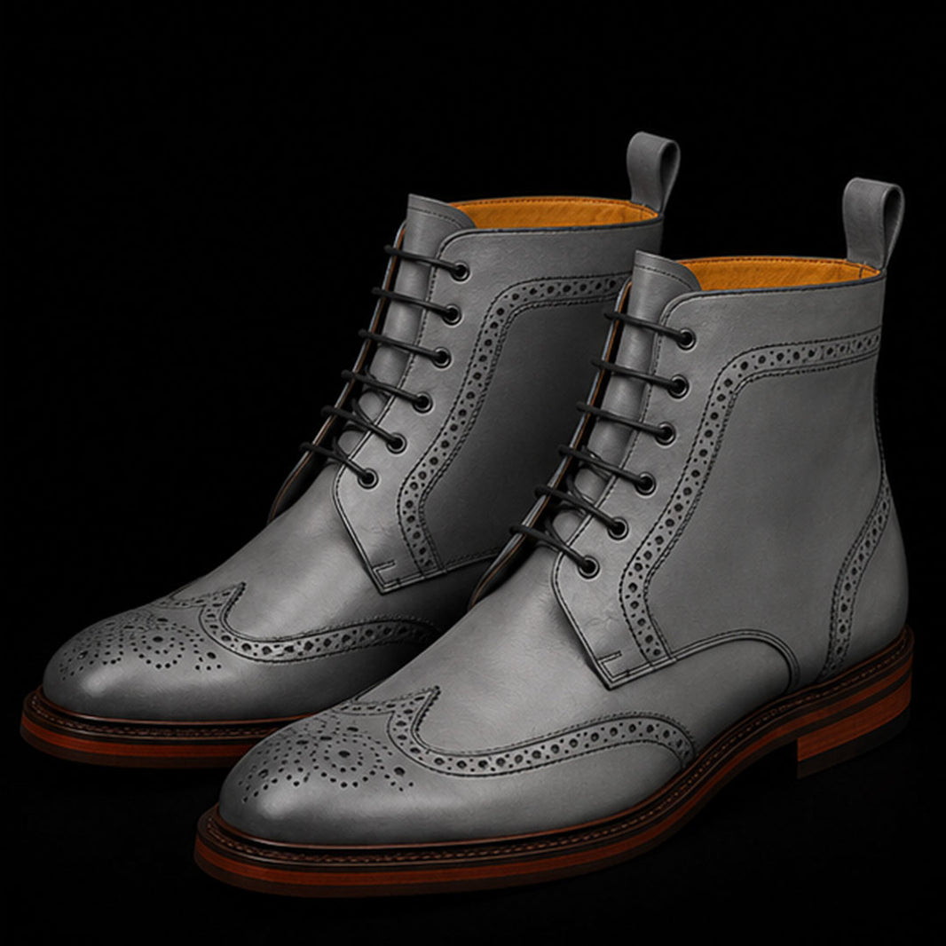 Handmade Men's Grey Wingtip Leather Boots