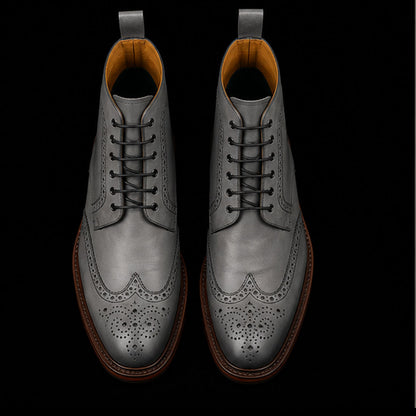 Handmade Men's Grey Wingtip Leather Boots