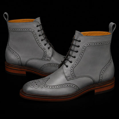 Handmade Men's Grey Wingtip Leather Boots