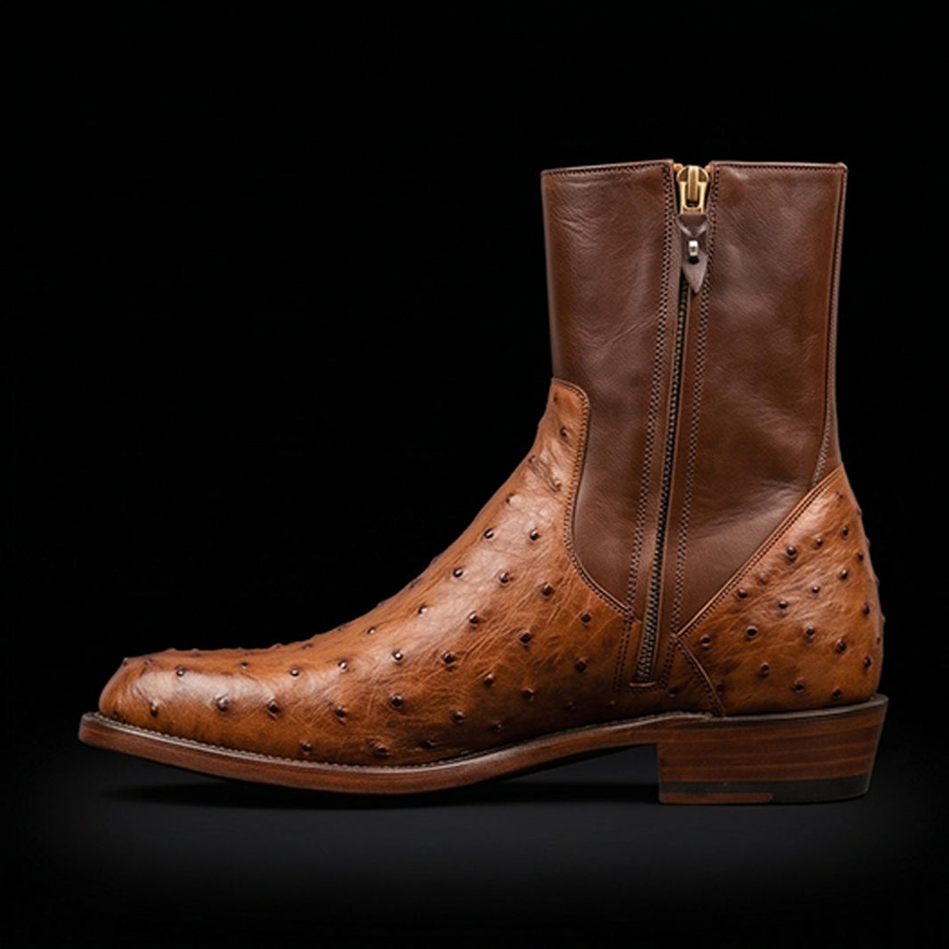 Handmade Men's Tan Brown Ostrich Leather Boots