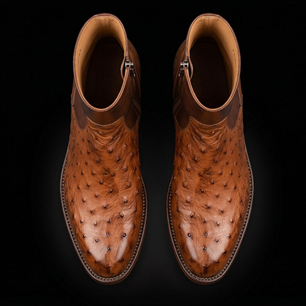 Handmade Men's Tan Brown Ostrich Leather Boots