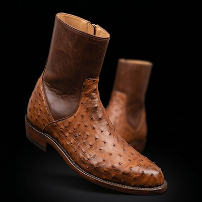 Handmade Men's Tan Brown Ostrich Leather Boots