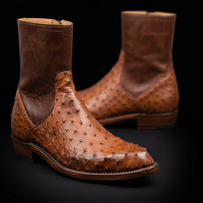 Handmade Men's Tan Brown Ostrich Leather Boots