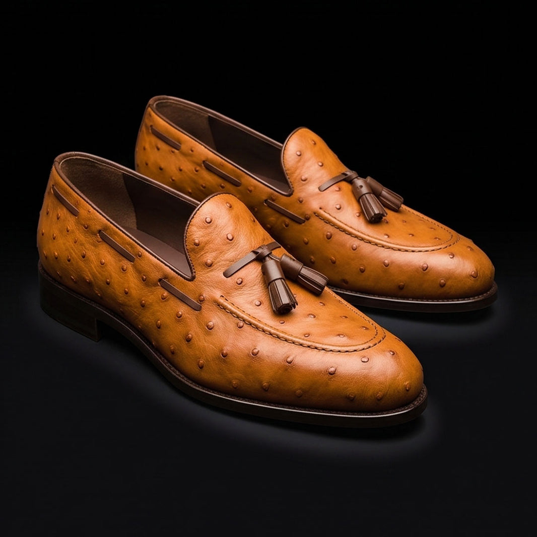 Handmade Men's Tan Brown Ostrich Leather Tassel Loafers