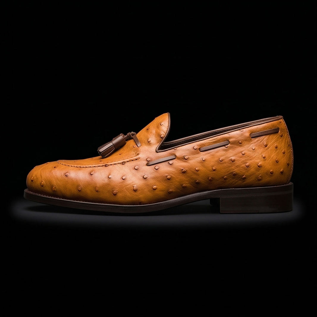 Handmade Men's Tan Brown Ostrich Leather Tassel Loafers