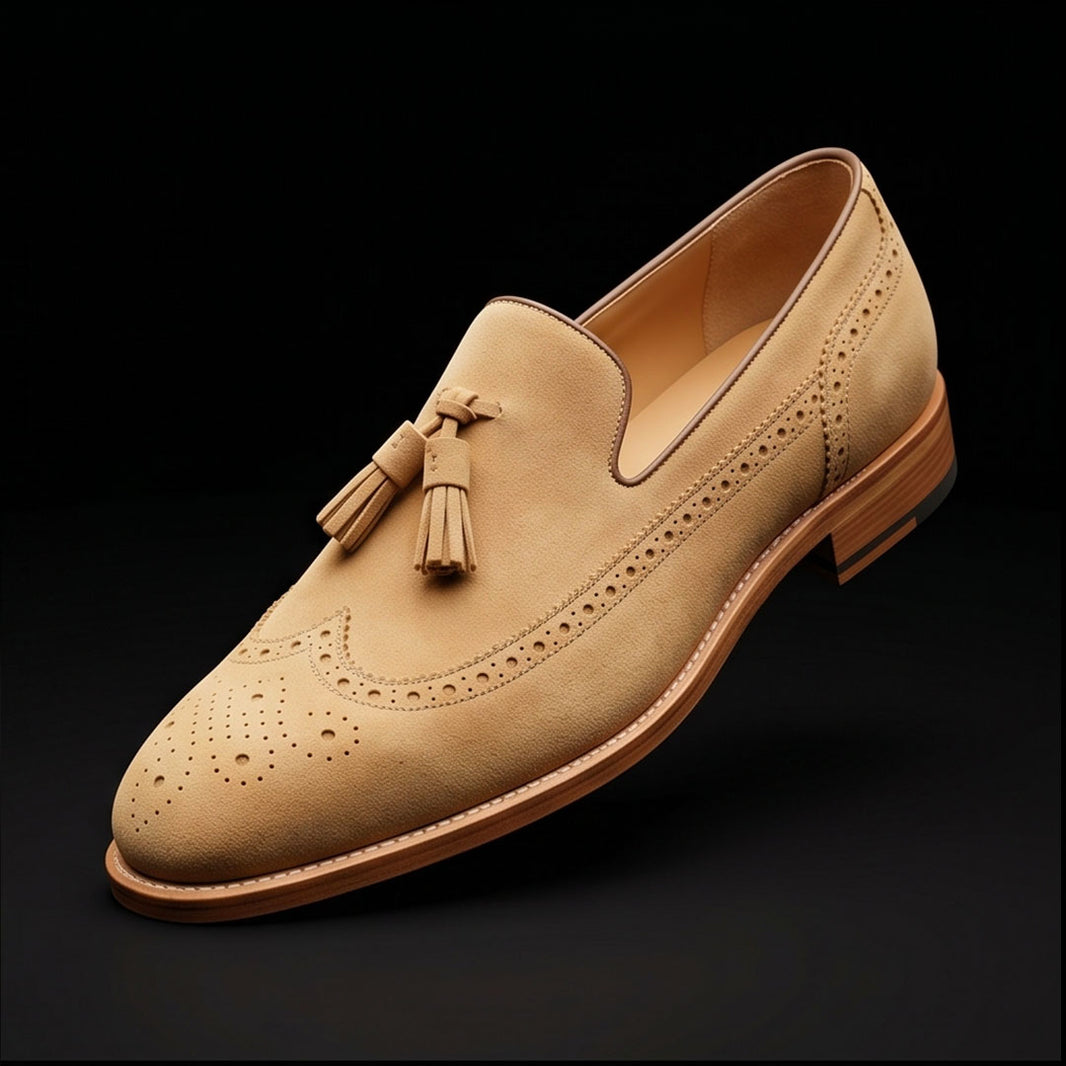 Men's Beige Suede Leather Tassel Loafers