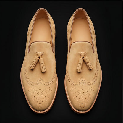 Men's Beige Suede Leather Tassel Loafers