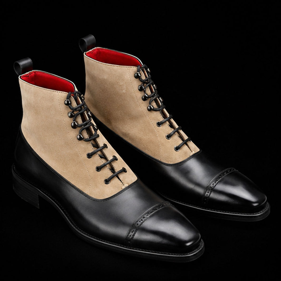 Men's Beige & Black Suede Leather Dress Boots