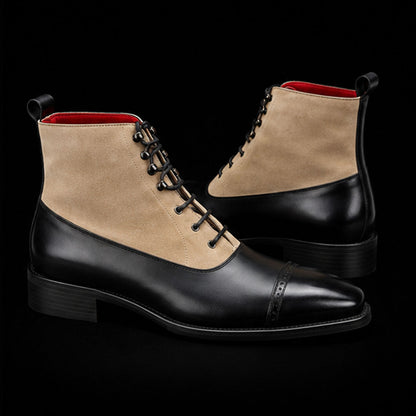 Men's Beige & Black Suede Leather Dress Boots