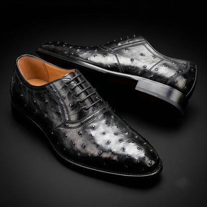 Men's Black Ostrich Impression Leather Oxford Shoes
