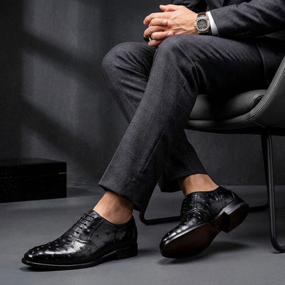 Men's Black Ostrich Impression Leather Oxford Shoes