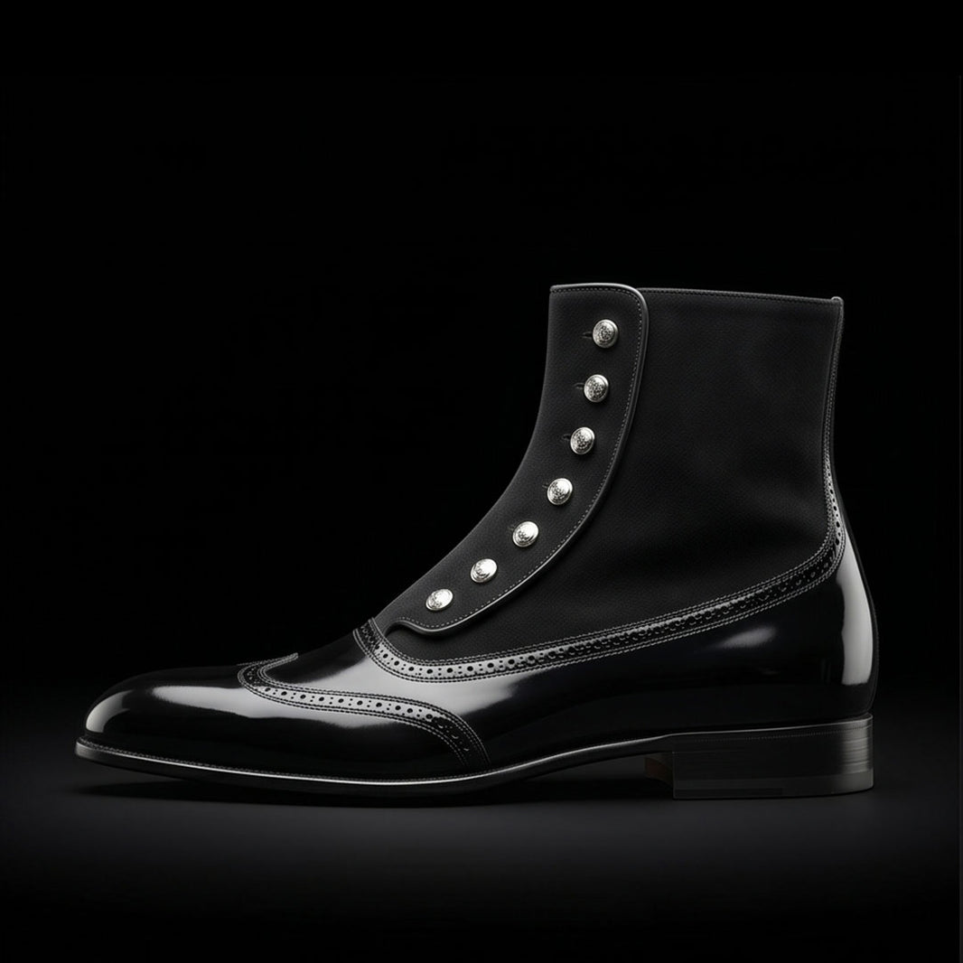 Men's Black Patent Leather Ankle High Button Boots