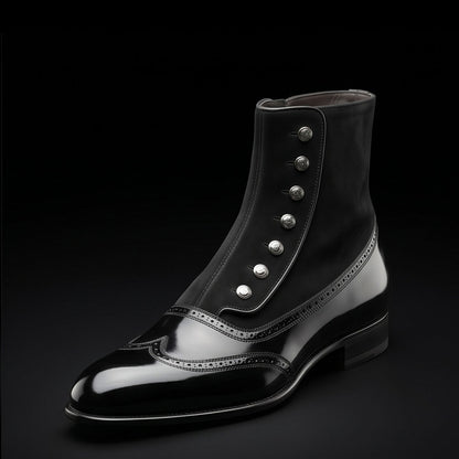 Men's Black Patent Leather Ankle High Button Boots